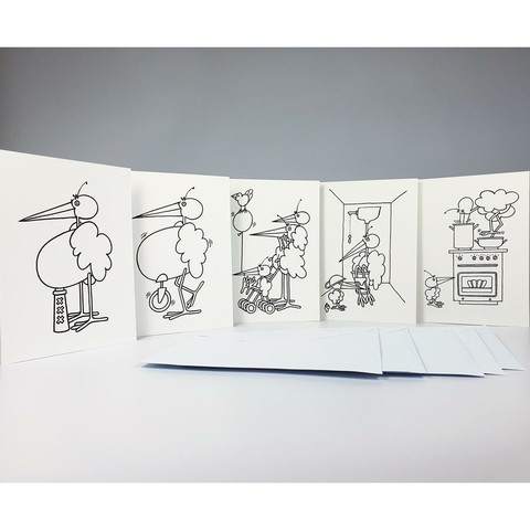 De 5 ontwerpen. Een zwangere ooievaar met buik op een Amsterdammertje. Een zwangere ooievaar met buik op een wieltje. Een ooievaar met een kinderwagen en kind op de nek. Een ooievaar op de wc, een kind ervoor. Een ooievaar aan het koken, een kind kijkt toe.