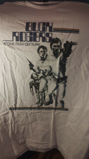 White t-shirt with Buck Rogers logo, and Buck, Colonel Deering & robot Tweaky on the front