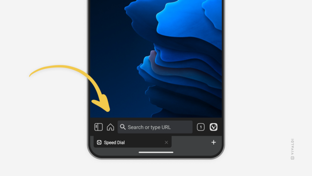 Vivaldi on Android with the Address and Tab Bars a the bottom. An arrow points at the home button on the Address Bar.