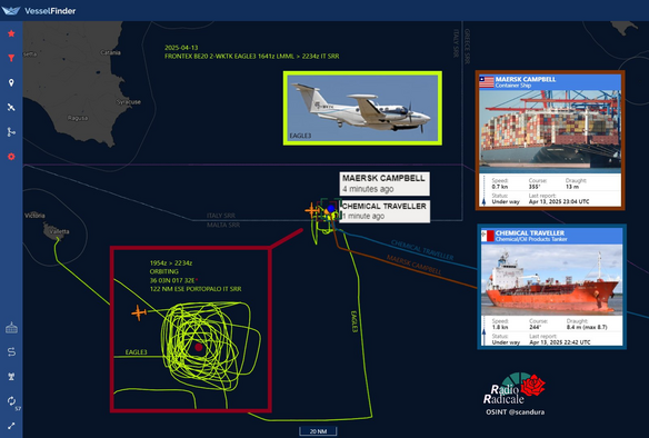 Eine OSINT-Karte zeigt die Flugspur der FRONTEX Eagle 3 am 14.04. gegen 22:34z mit Umlaufbahnen um eine Position leicht oberhalb der Grenze zwischen den SAR-Zonen von Malta und Italien. Außerdem vor Ort der Containerfrachter MAERSK CAMPBELL sowie der Tanker CHEMICAL TRAVELLER.

Gekennzeichnet mit Radio Radicale Logo, OSINT @scandura