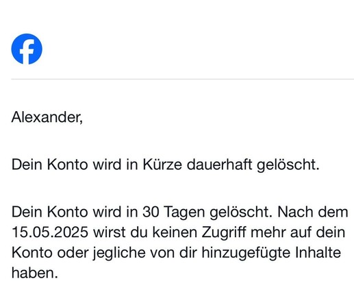 The image contains a notification from Facebook informing a user named Alexander that their account will soon be permanently deleted. It specifies that the account will be deleted in 30 days.