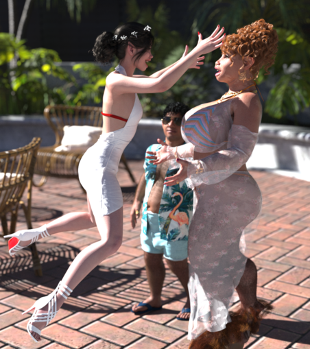 Caitria the elf, grinning gleefully, leaps into a hug with Bess the satyr, as Hector the gnome looks on.