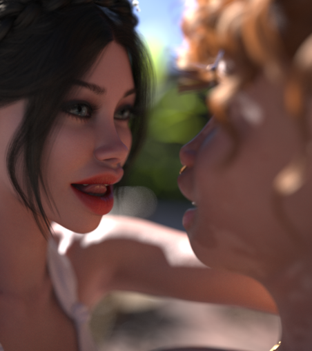 Caitria and Bess, about to kiss.