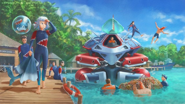 Digital fanart painting of Hololive's shark V-tuber Gwar Gura along a beach dock for ocean-going mecha.