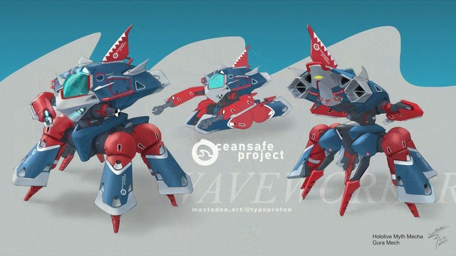 Digital concept fanart of ocean-preserving mecha themed after Hololive's shark v-tuber Gwar Gura.