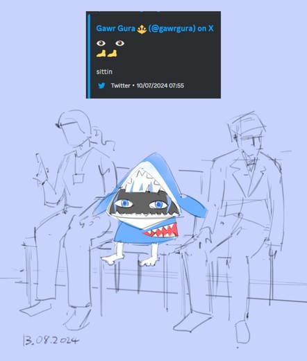 Joke fanart of Hololive's shark v-tuber Gwar Gura reduced to cartoon eyes and feet.