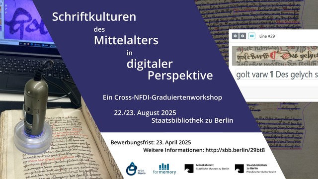 Ankündigungsgrafik des Workshops. Man sieht im Hintergrund ein Foto einer Handschrift sowie einen Computer im Hintergrund. Ein Vordergrund ein blauer Banner mit dem Text "Schriftkulturen des Mittelalters in digitaler Perspektive"