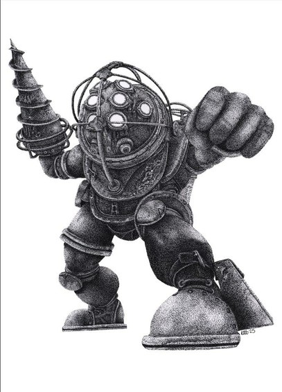 Detailed black and white stippled drawing of a Big Daddy from Bioshock