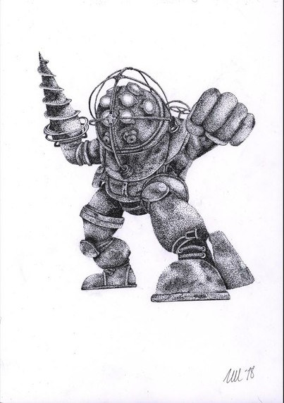 Less detailed and smaller dotwork drawing of a Big Daddy from Bioshock