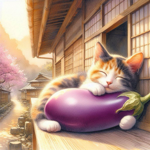 朝日が差し込む古民家の縁側で、紫色の春なすびを抱きしめるように眠る三毛猫の子猫。日本庭園と桜の花びらが舞う春の朝の情景。