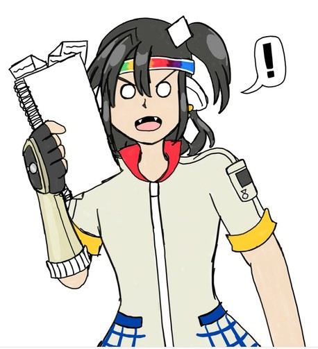 An illustration of Prima from Operating Superstars. She looks very annoyed and is holding a spiral notebook with messy papers of note peeking from it