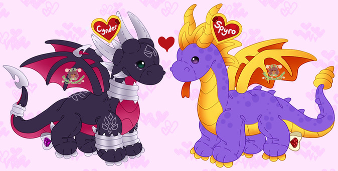 cynder and spyro the dragons as plushie beanie babies

cynders heart tag says "cynder" and spyros says "spyro" and both have gems for symbols on their tush tag. cynders is a purple and spyros is red