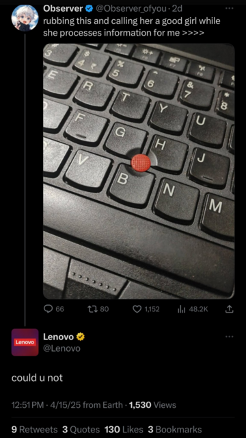 Observer posts:

Rubbing this and calling her a good girl while she processes information for me

(A photo of a ThinkPad weirdly centered on the nub)

Lenovo replies:

Could u not