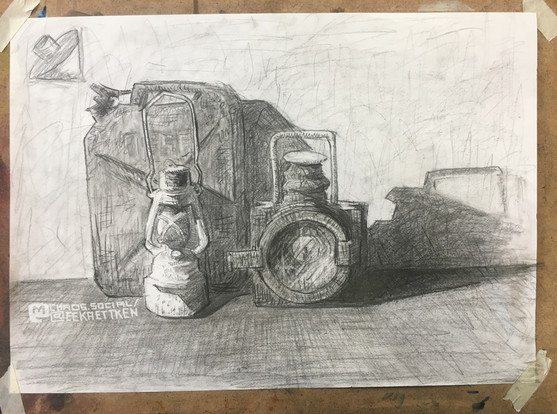 Pencil on paper

A lantern besides an old camera, in front of a petrol can. The camera throws a dark and dynamic shade to the right, on the wall behind it.
