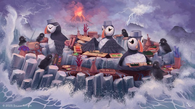 Plucky means having determined courage in the face of difficulties.
Puffins are resilient. They must cope with harsh weather conditions, climate change & habitat loss.

I chose to give the Puffin a profession as a Sushi chef, wearing a fancy chef’s hat with intricate patterns, next to taking care of the little puffy pufflings. It takes a long time to be a chef. A puffin’s diet consists of a lot of fresh fish.

It is a place in or near the ocean, the puffin’s element. Water clashes against basalt stones inspired by Iceland, a region where these birds live (next to, e.g., the UK, Norway, Greenland) while caring for their young ones.

In the center, the Plucky Puffin chef rolls the next meal with the sushi mat, nervously looking at the puffling that studies the menu, unsure of what to order.

The chef moves to the left side, checking if the “customers” are well cared for. Tuning the radio if the music frequency isn’t to everybody’s liking. I chose to give the radio a “compass frequency”.

Then the Puffin slides to the front right side, serving a hungry but happy puffling its order. Others are waiting for the last one to order, or they can’t hesitate to enjoy these delicacies.

The table is set: natural wooden bowls, kitchen utensils, rice, wasabi, ginger, fresh fish, a sesame seed shaker, and coral decorations. Everything is as cozy as possible to forget about the harsh world for as long as possible.

In the background, we can see a volcano erupting & thunder striking.