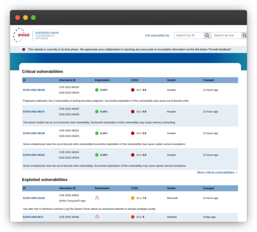 The https://euvd.enisa.europa.eu/ website