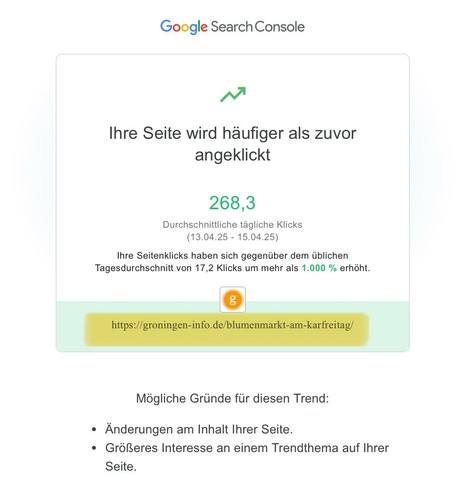 Nachricht von der Google Search Console, dass auf groningen-info.de die Seite zum Blumenmarkt am Karfreitag häufiger angeklickt wird als sonst.
