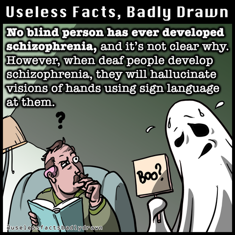 No blind person has ever developed schizophrenia, and it's not clear why. However, when deaf people develop schizophrenia, they will hallucinate visions of hands using sign language at them.