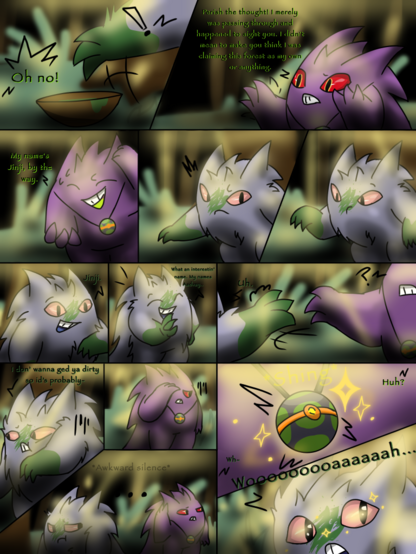 Jinji carefully tries to defuse tensions and show that he has friendly intent. As he reaches his hand out to greet the other Gengar, Aadvay decides against his original idea of picking up and throwing his paint in self-defence, and instead responds in kind. Finally, five whole pages into the story, Jinji and Aadvay finally make formal introductions to one another! But, as they go to shake hands, Aadvay becomes embarrassed as he realizes his hand is still coated in paint. Not wanting to dirty his new friend, the two stand awkwardly, trying to find a good way to proceed with one another. Then Aadvay notices Jinji's Dusk Ball pendant, and is instantly transfixed…