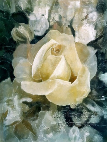 Frosty Rose ... A soft-focus depiction of a blooming yellow #rose is surrounded by muted #foliage, creating a #dreamy ambiance. The delicate petals and gentle colors evoke a sense of tranquility and natural beauty.

Well, that's what Ai has to say about this one.  😁 Here's my story: 

I'm not growing roses anymore ... their natural enemies proved too much for little me. The weather, the positioning (no morning sun), the black spot, the cane borers, and not to forget our "domesticated" deer population (which was considerable), all conspired to bring an end to my rose growing days. But while I had them, one of my favorite times was in autumn when the flowers were still in bloom, but when an early morning frost came to lightly kiss each sweet petal and leaf. This image, digitally hand painted in Rebelle with their magnificent watercolor brushes, is done in memory of those days. I took the photo that this started with from a lovely bouquet of flowers given to me on the birthday of our son.The rest is memory and magic!

At my website:  https://lois-bryan.pixels.com/featured/frosty-rose-lois-bryan.html

Loosely based on my own photo and digitally hand painted Escape Motions' #Rebelle using their watercolor brushes and the #Wacom tablet and art pen stylus. No artificial intelligence programs used. Fine art as well as product purchases of this image will not include a watermark.

#art #giftideas #buyintoart #ayearforart #flowers #floral #memory #digitallyhandpainted #NotAi #LoisBryan