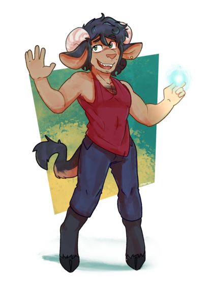 A satyr with black hair wearing a red tank top and making a magical spark appear with his hand.