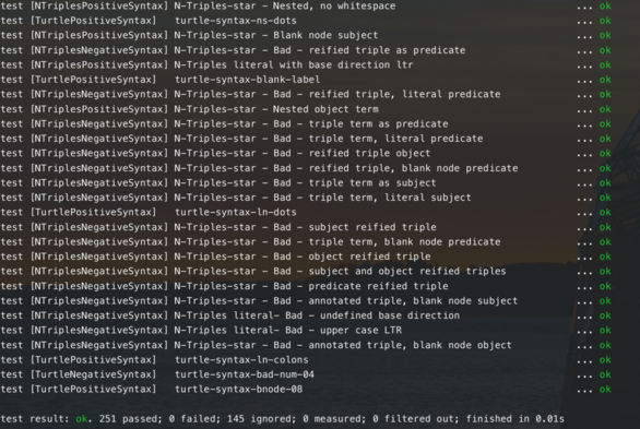 Screenshot of a terminal window.

First, a list of some tests that were run successfully, concluded by the line:

test result: ok. 251 passed; 0 failed; 145 ignored; 0 measured; 0 filtered out; finished in 0.01s