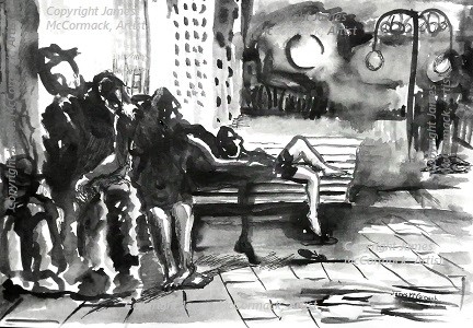 "After Dark" is a drawing showing the city after dark, with four dark figures sleeping on a bench, close together for warmth. Where do people go if they have no home, no place,? They stay, in the dark the cold, sometimes hungry. Offices and church are closed, everyone else has gone home.