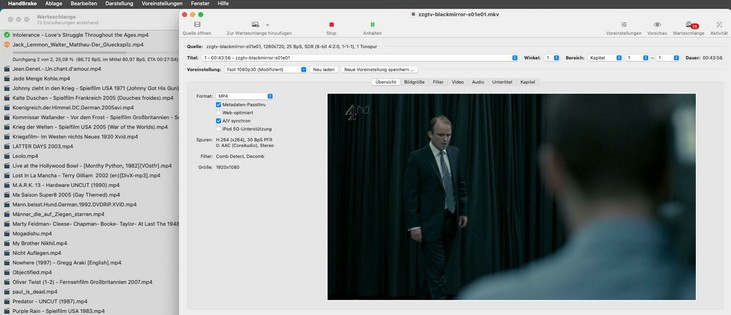 Screenshot of two overlaid programme windows of 'Handbrake'. The programme window shows a still image of a video with editing options for the conversion. Behind it, shifted to the left, is a second programme window with a list of the films to be converted