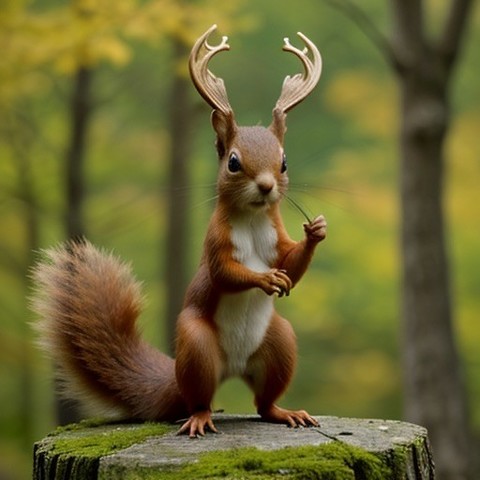 A squirrel with elks antlers posing on a tree stump, set against a blurred forest background.