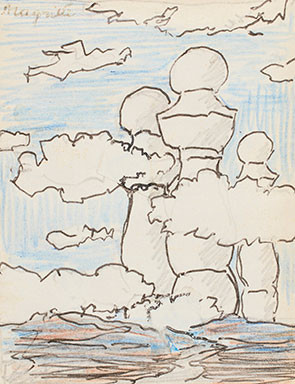 Deze bijna doodle van René #Magritte werd door de eigenaar ooit op Ebay aangekocht voor zo'n $1.580. Het wordt op 21 mei geveild door Rago/Wright's Post War & Contemporary Art auction. Het veilinghuis verwacht het af te slaan op $100.000 tot $150.000.
Mysterieus is de doodle wel. Je zou zeggen dat hier schaakstukken op een door wolken omgeven  bergtop staan. Maar anderen zullen het weer anders zien.