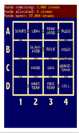 A labyrinth from the game "Lock & Key". A 4x4 grid containing:

Stairs    Lion             Trap Door   Bugs

Empty   Gladiator     Rock           Dogs

Empty    Maze           Poison       Quick-
                                    Gas            sand

Empty     Dart            Fire Trap     Cell
                 Trap