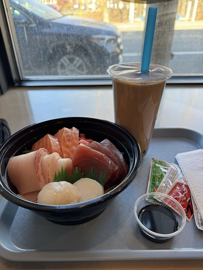 Sashimi poke bowl and bubble tea