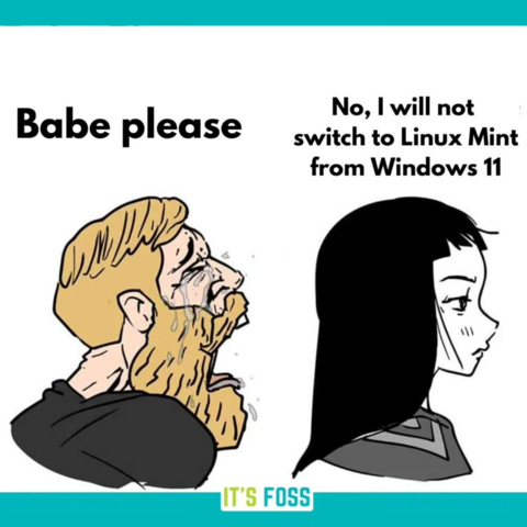 Man: (crying) Babe please
Woman: No, I will not switch to Linux Mint from Windows 11