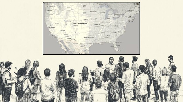 An illustration of a human spectrogram map, with many people standing in small groups talking to and facing each other in a large room. A map of the United States is projected on the wall above them.