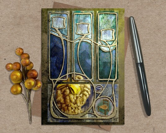 Product photograph of a stylized Art Nouveau greeting card against a kraft paper background. The card features Goldilocks and the Three Bears motifs, done with rich textures in blues, browns, and yellows.