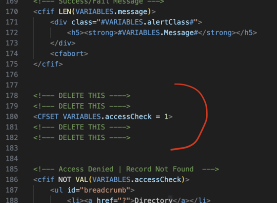 Screenshot of small code section with one line of code surrounded by 4 all-caps "DELETE THIS" comments