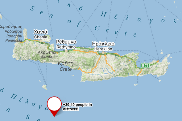 Eine Karte zeigt die Position von "~60-40 people in distress" gut 20 Meilen südöstlich von Gavdos / ca. 40 Meilen südwestlich vom Kali Limenes, Kreta.