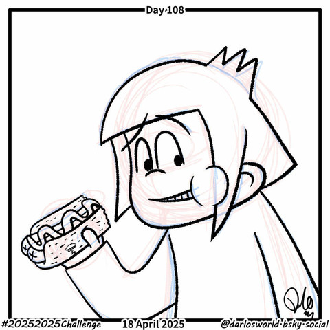 Drawing of Darlo eating a double hot dog.