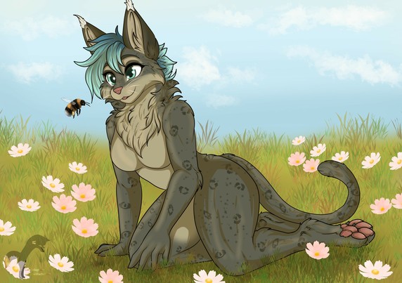 A drawn picture of a naked Khajiit in a meadow. She is kneeling in the meadow, curiously and intriguedly watching a bumblebee. She is seen from the side and front. She has gray fur and a dark gray leopard print. She has long, dark gray hair with blue tips. She has white tufts on her ears.