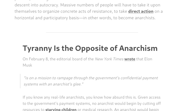 A partial screenshot of a browser window open to a web page about tyranny.  The text is in an extremely thin/fine font face, and is light grey on a white background.  It is difficult to read unless you are a 20- or 30-something young person with excellent vision.

It's almost completely lacking in visual contrast.  It's an accessibility nightmare.