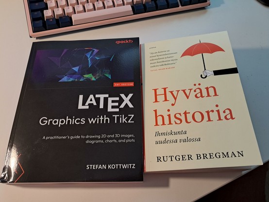 Kaksi kirjaa, vasemmalla ”LaTeX Graphics with TikZ” ja oikealla ”Hyvän historia”