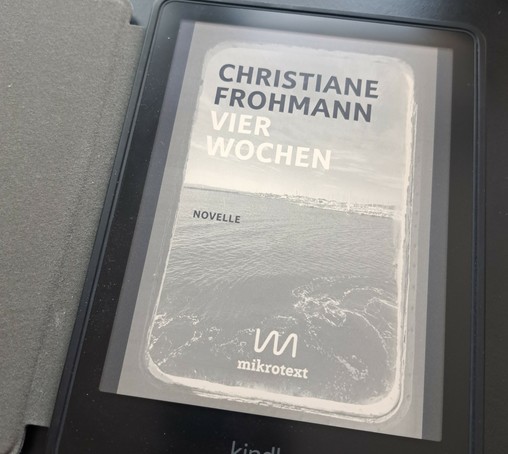 Buchcover auf eReader. (Die Leserin wirft ihren Kindle nicht weg, weil reiche Idioten im fernen Land alles Maß verloren haben.)