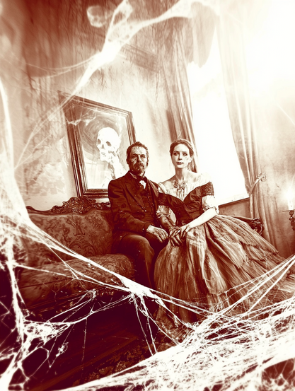 Le Portrait Fané.
Photographie victorienne d’un couple figé dans une scène lugubre, envahie par les toiles d’araignée et un regard spectral sur fond de crâne peint.
Victorian photograph of a couple frozen in a grim scene, draped in cobwebs and shadowed by a spectral gaze from a painted skull.