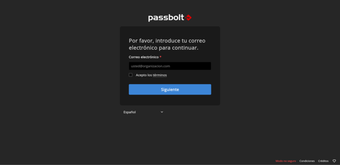 pantalla  de inicio de passbolt