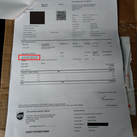 UPS invoice stating the amount