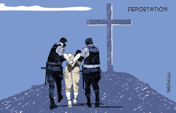 uomo trascinato da due gendarmi verso la croce.
