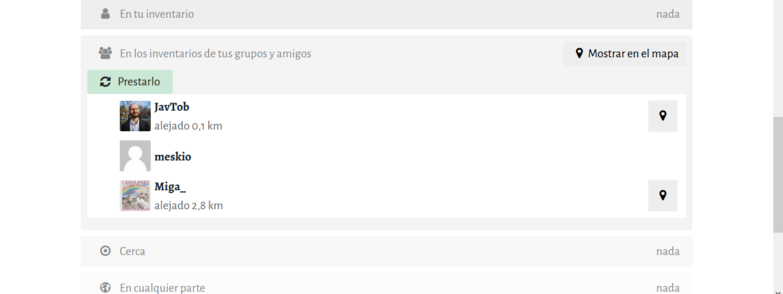 Pantallazo de inventaire.io que muestra qué usuarios tienen el libro y a qué distancia (si han publicado dirección aproximada).