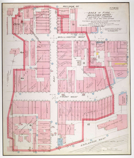 Goad fire insurance map showing the extent of the 1904 fire in downtown Toronto... the map centres on Bay Street, from King south to Esplanade, showing all the destroyed buildings inside an area outlined by a thick red line... a small X marks the spot northeast of Bay and Wellington where the fire started