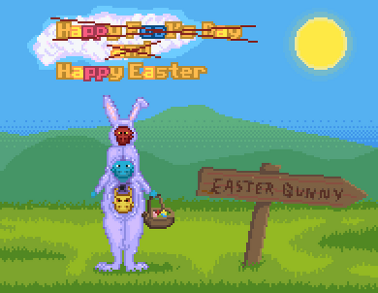 Happy Easter with Three Kobolds in a bunny suit.