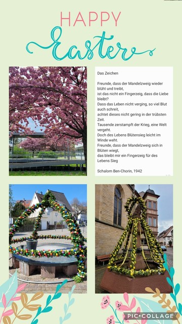 Collage mit 4 Bildern, 2 Osterbrunnen, ein blühender Strauch und das Gedicht